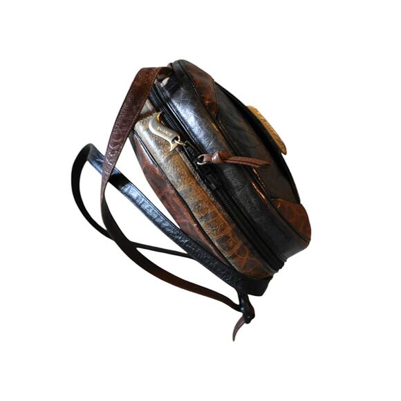 Vintage 80s Sharif Faux Animal Reptile Skins Brown Black Tan Canteen Purse Bag - Picture 4 of 9